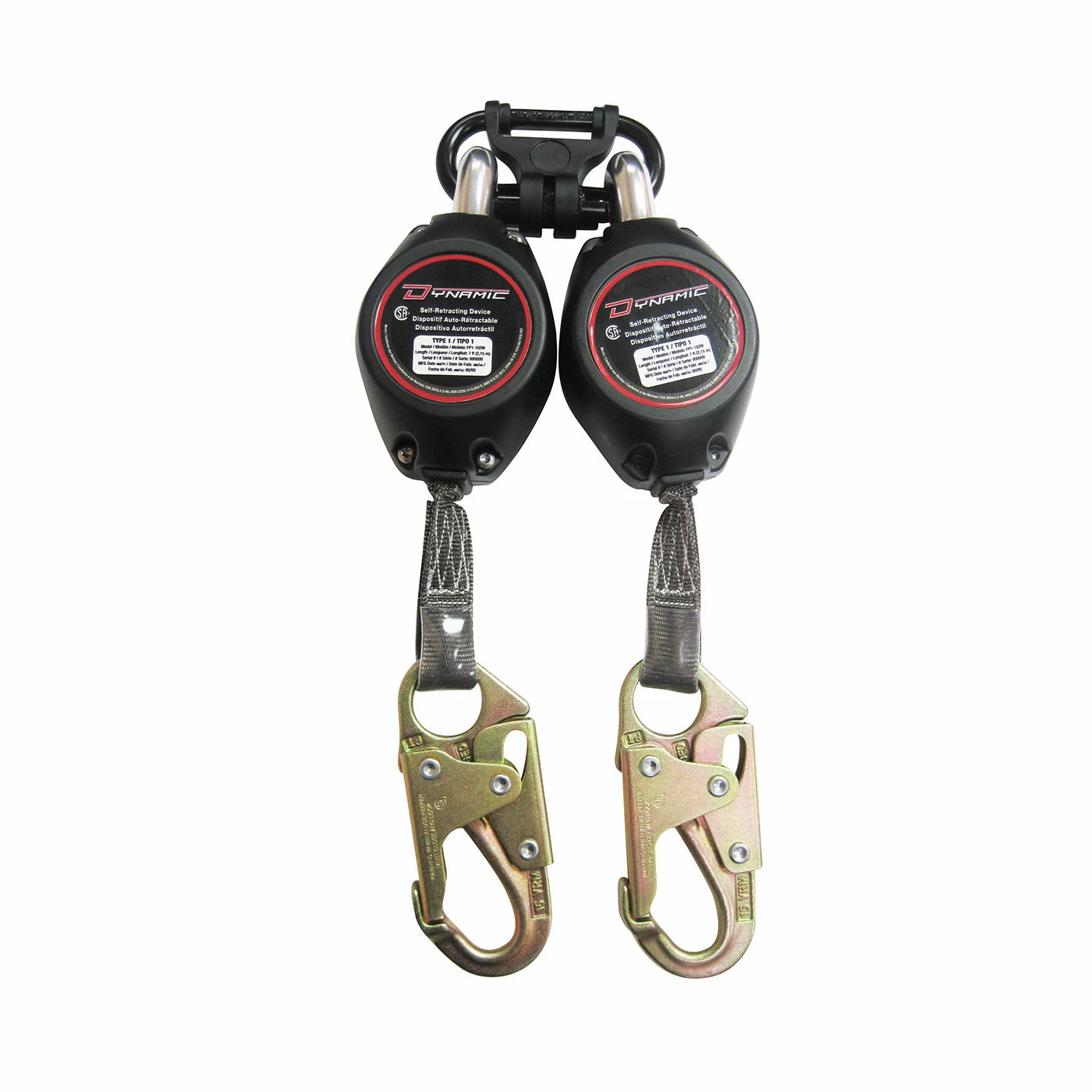 Dynamic Double Leg Web Self Retracting Lifeline (SRL), Triple Action Carabiner And Snap Hook - 7' Safety Equipment