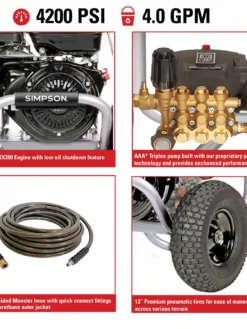 Simpson PowerShot Cold Water Honda GX390 (389cc) Gas Engine Pressure Washer - 4200 PSI - 4.0 GPM Industrial Triplex Pump Pressure Washers