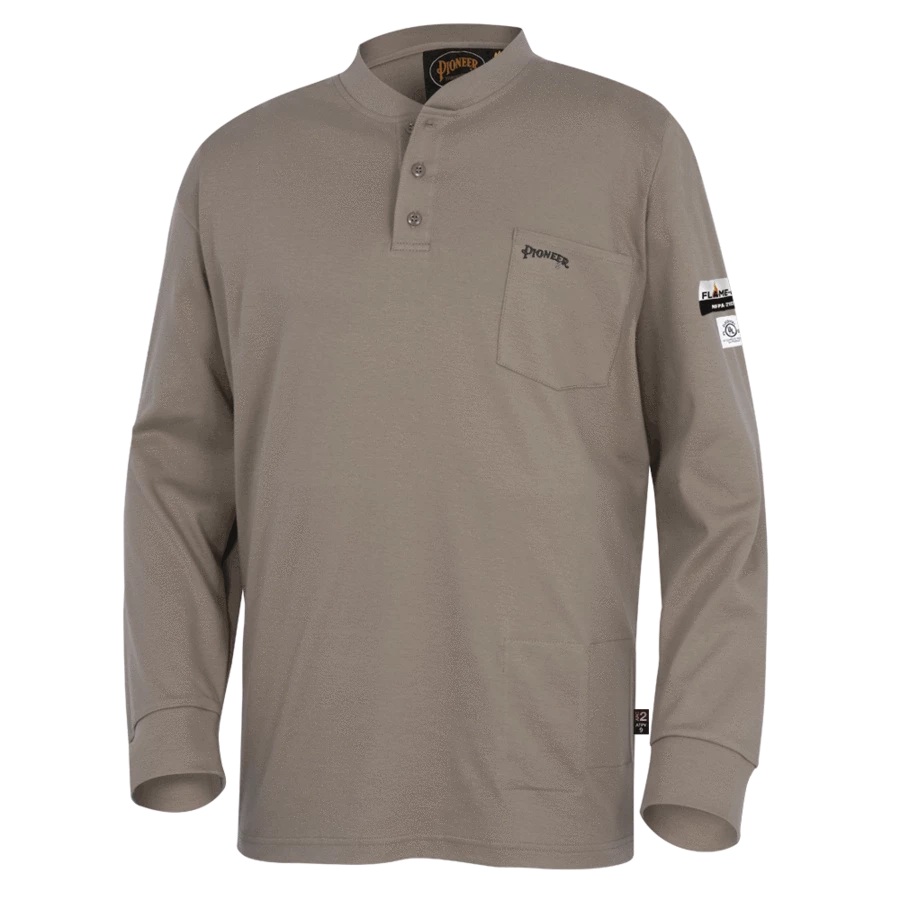 Flame Resistant Work Wear Pioneer 100% Cotton FR Interlock 7 Oz. Henley Shirt | Sizes S - 5XL