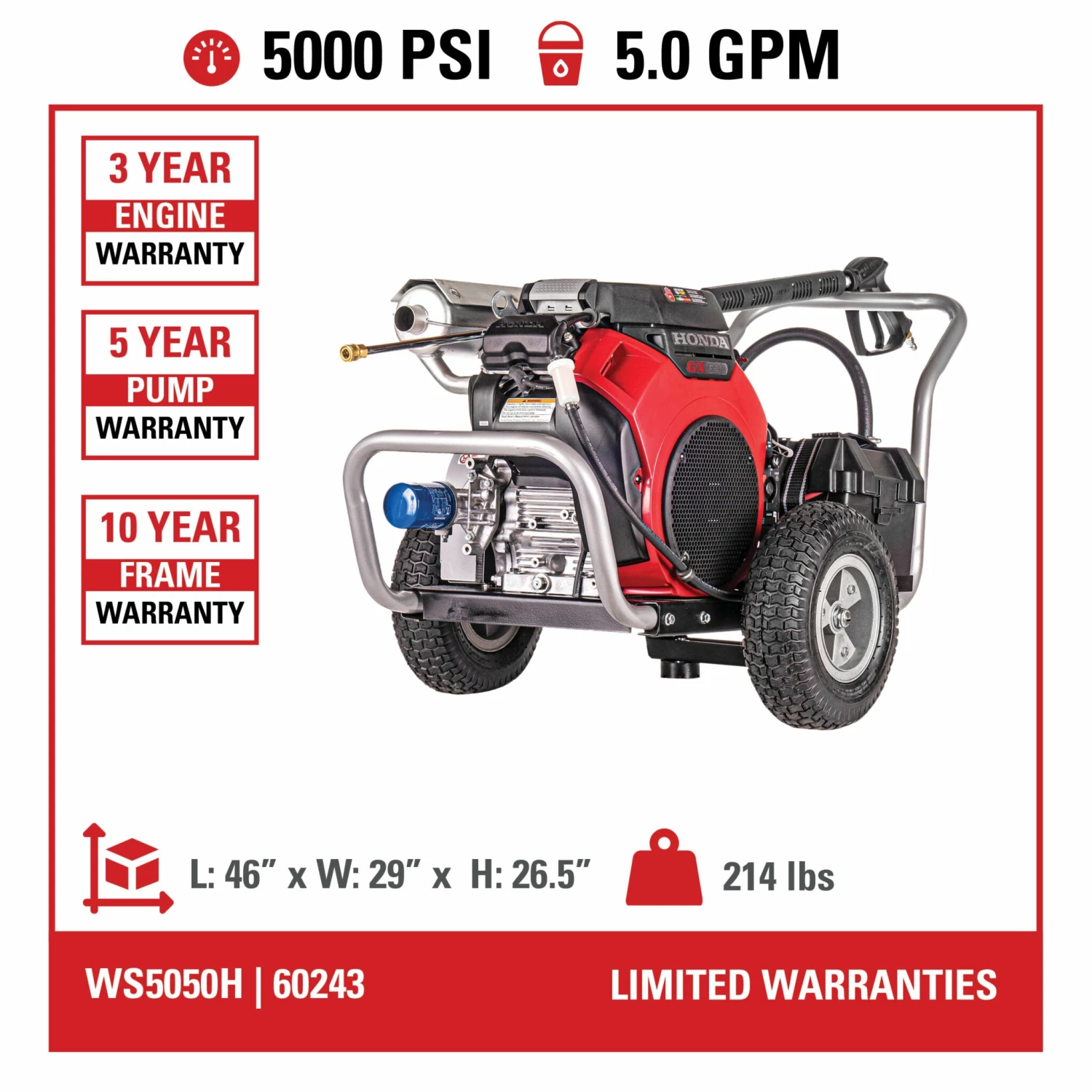 Simpson Water Shotgun Cold Water Belt Drive Honda V-Twin GX630 (688cc) Gas Engine Pressure Washer - 5000 PSI - 5.0 GPM Triplex Pump