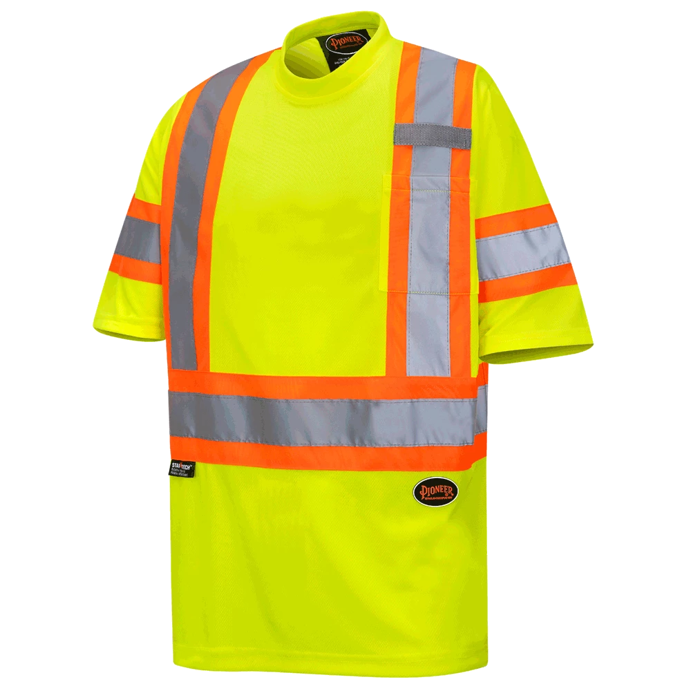 Hi-Vis Work Wear Pioneer Hi Viz Birdseye Safety T-Shirt W/ Tape On Sleeve | Sizes XS - 5XL